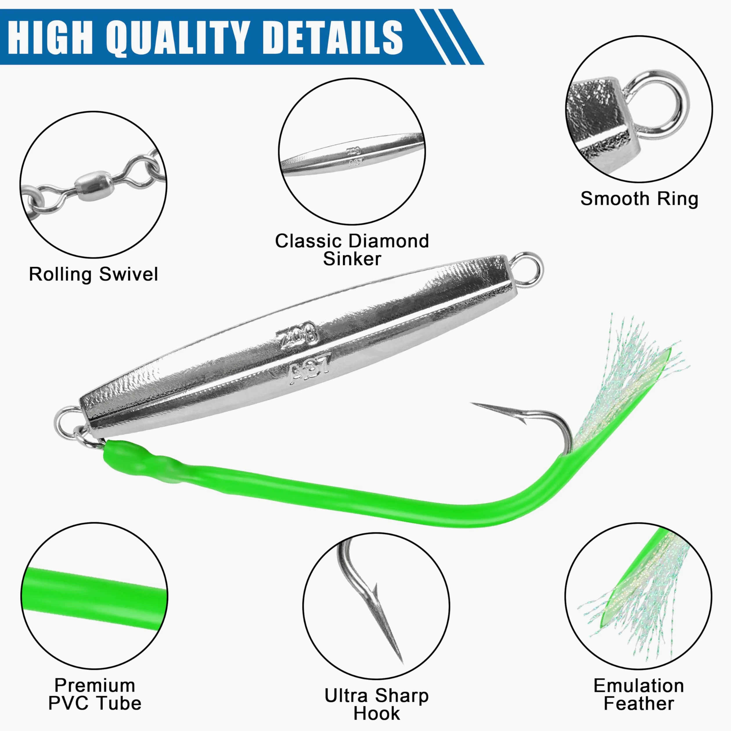 Diamond Jigs, esche da pesca in acqua salata, cucchiaio da jigging con coda a tubo diviso, gancio in acciaio inox, esche per pesca in mare profondo, offshore, pesca sul fondo