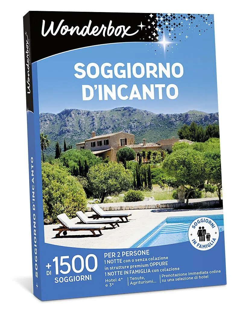 Wonderbox - Cofanetto Regalo - Soggiorno d'incanto - per 2 o in Famiglia | 1 notte + colazione per due in strutture premium o in famiglia - Più di 1500 soggiorni - Hotel 4* e 3*, agriturismi, tenute