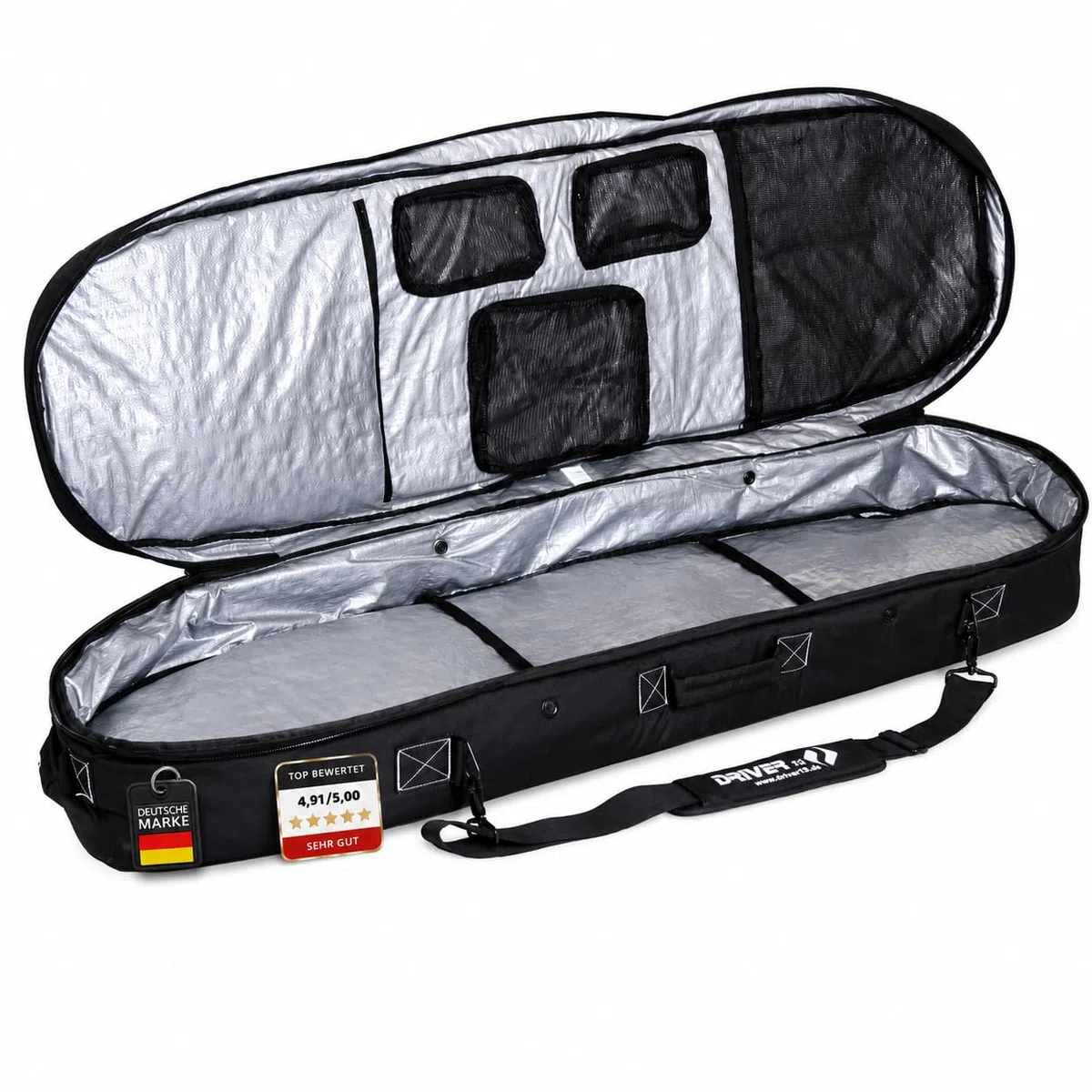 Driver13 custodia kiteboard Weekend Deluxe No. 01, boardbag con sistema zaino, separatore imbottito, tasche, 145 cm, nero