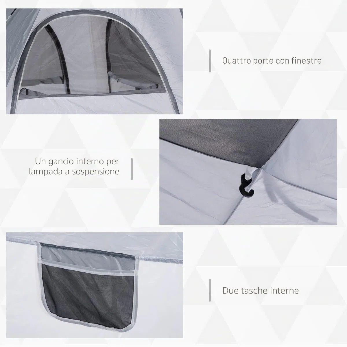 Outsunny - Tenda da campeggio per famiglie, 4 persone, montaggio istantaneo Pop-up 4 finestre, parasole, dim. 2,4 x 2,4 x 1,99 H m fibra di vetro poliestere