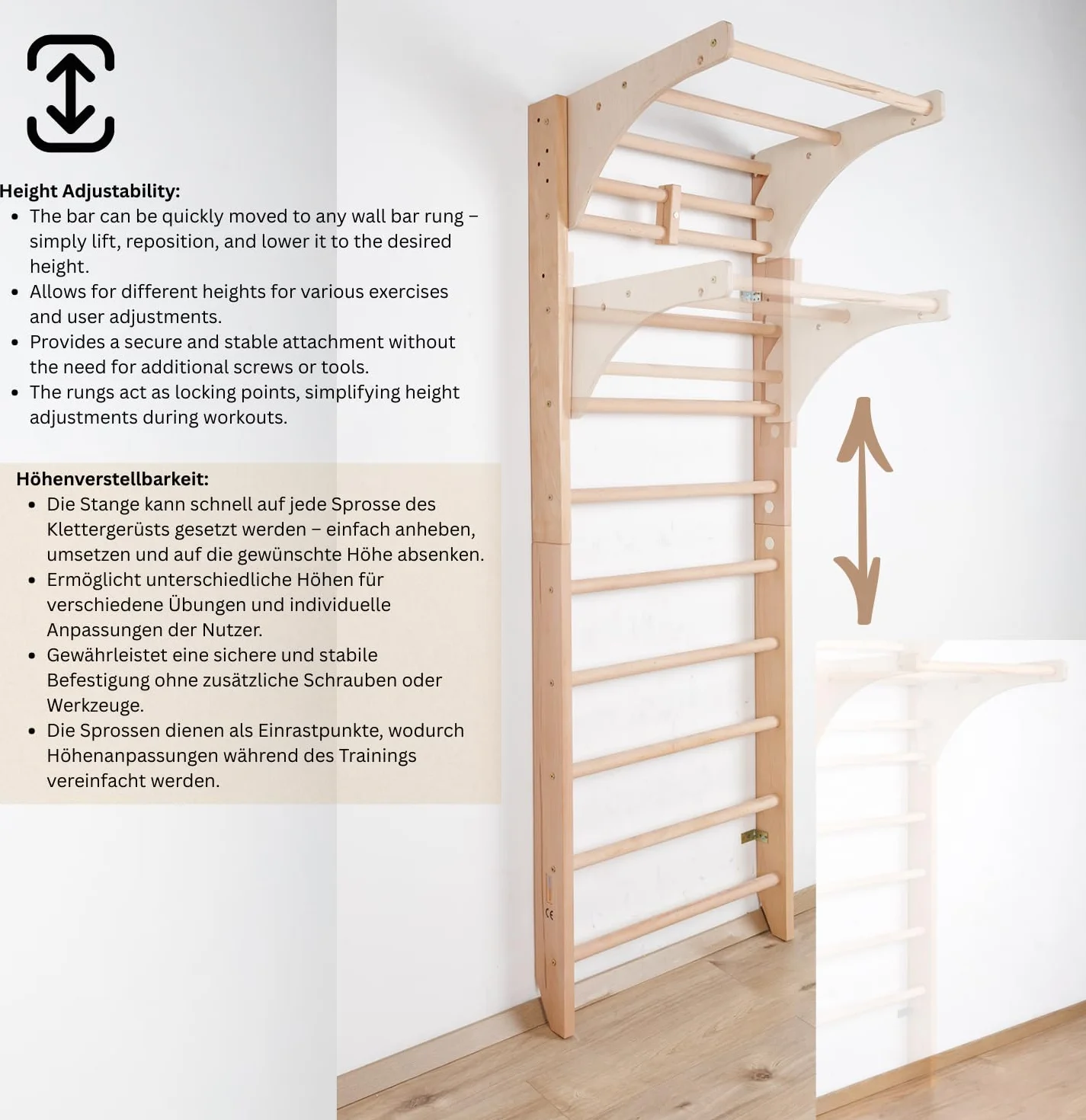 Scala Svedese in Legno con Barra Superiore Regolabile " Kombi-1-220 "Ginnastica, Sport, Gym, Barra a Muro da Casa