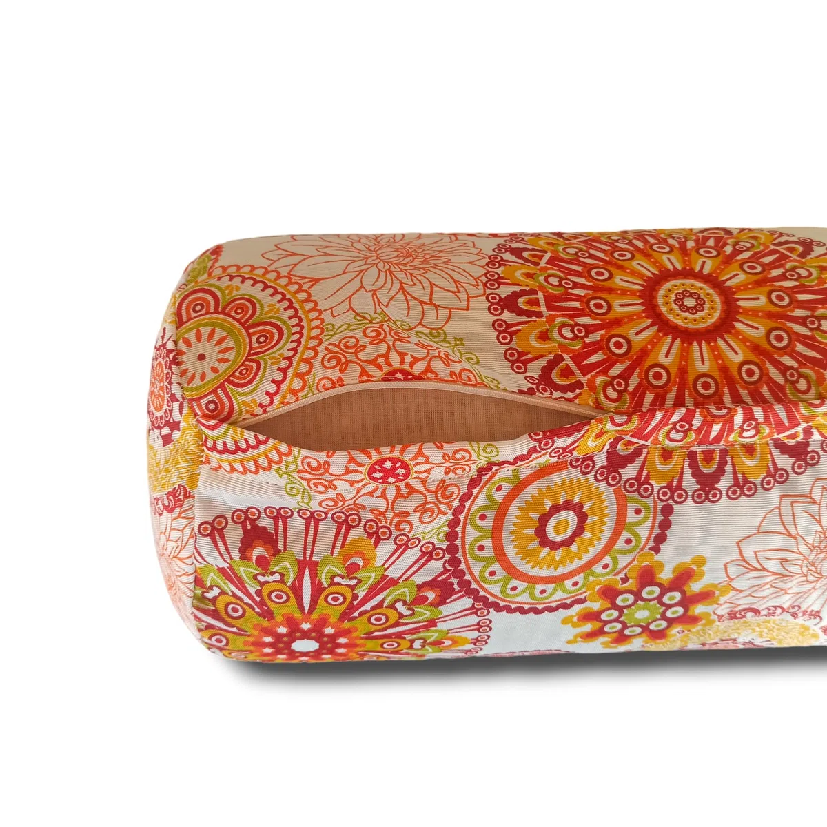 Bolter yoga "Mandalas arancia 2024", cuscino yoga, cuscino meditazione, bolster cilindrico, cuscino yoga cilindrico, rivestimento lavabile, ripieno di pula di farro bio, 62x20cm
