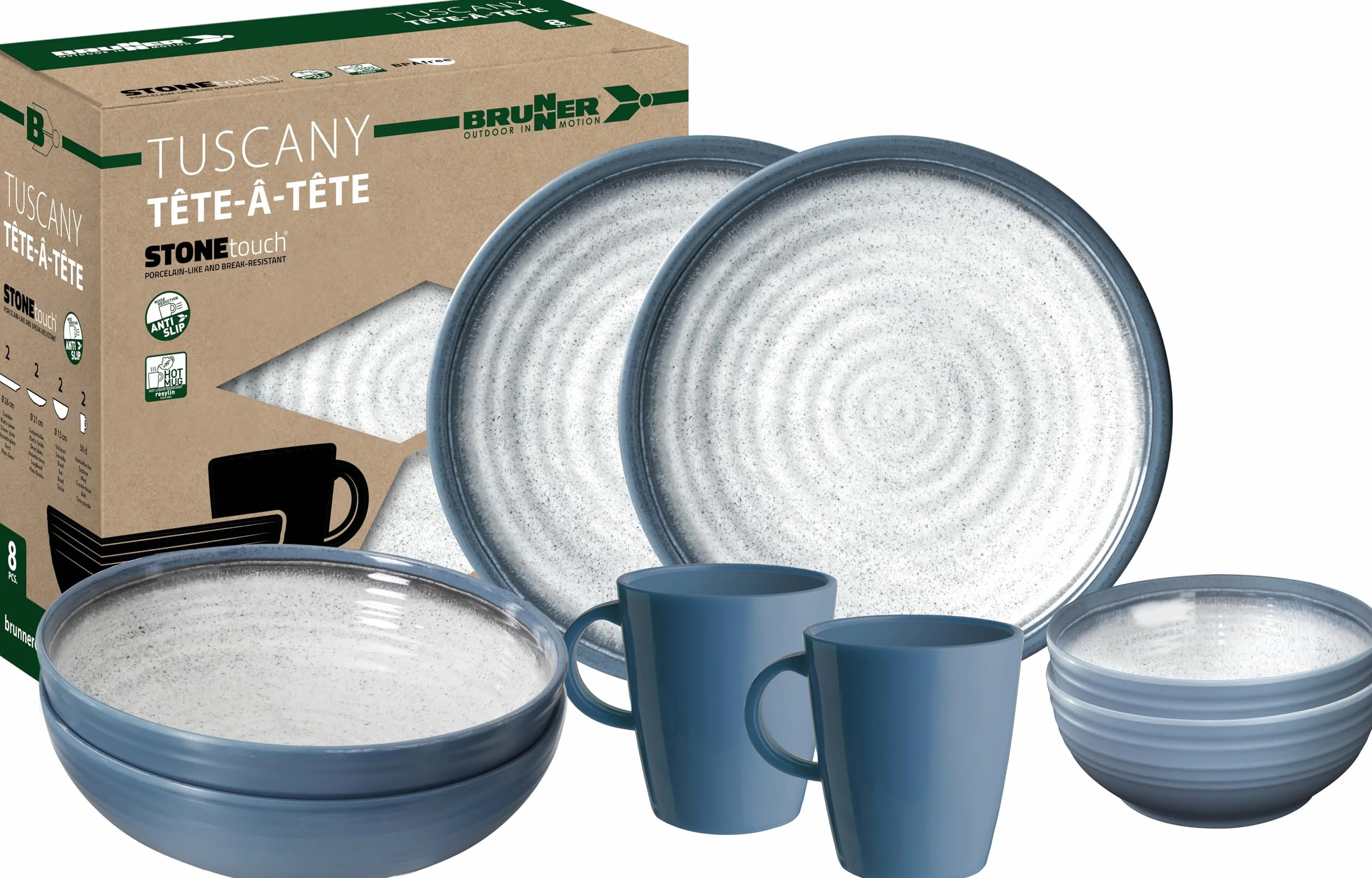 Brunner 0830143N.C5T Set Stoviglie da Campeggio per 2 Persone, Tête-À-Tête Tuscany, 8 Pezzi
