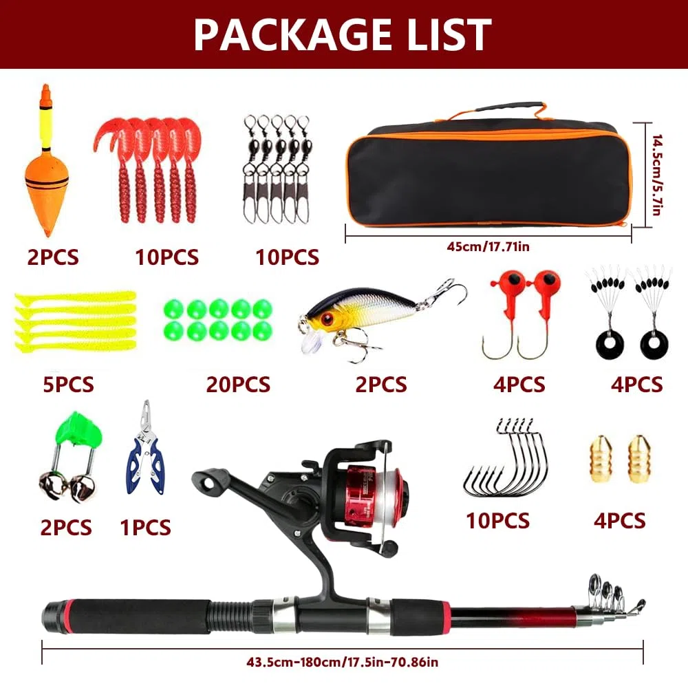 1,8M Canna da Pesca Bambino, 2 Set Iniziale di Canna da Pesca per Bambini, Set Completo di Canne da Pesce Telescopica con Mulinello, Esche, Filo, Ami, Kit Portatile per Principianti Bambini