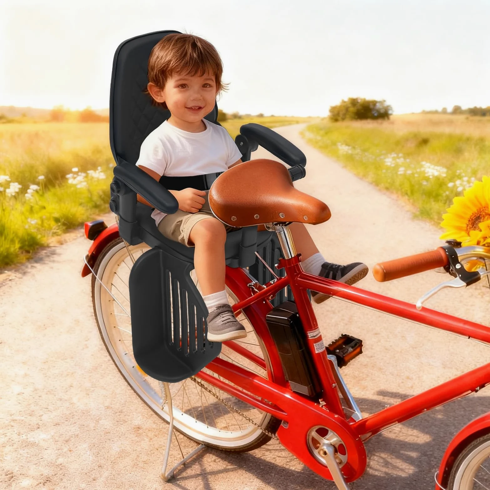 Seggiolino per bicicletta, montaggio posteriore, 50 kg, con cinture di sicurezza, poggiapiedi e braccioli rimovibili, per bici da città e altre biciclette con sedile posteriore, nero.
