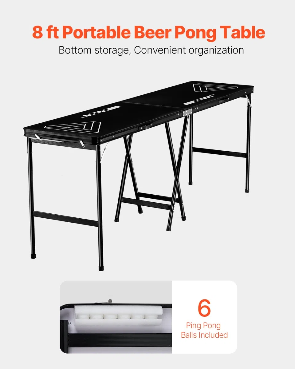 VEVOR Tavolo da Beer Pong Portatile da 2,4 m, Tavolo Pieghevole Rialzato da 91 cm Maniglie per Trasporto e 6 Palline da Pong, Leggero per Portellone Posteriore Auto per Viaggio, Campeggio, Nero