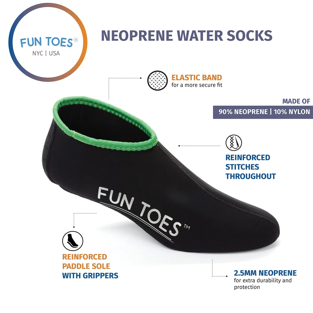 FUN TOES 2,5 mm calzini in neoprene per sport acquatici donna uomo 2 paia di calzini per immersioni subacquee, snorkeling, pagaia, jet ski