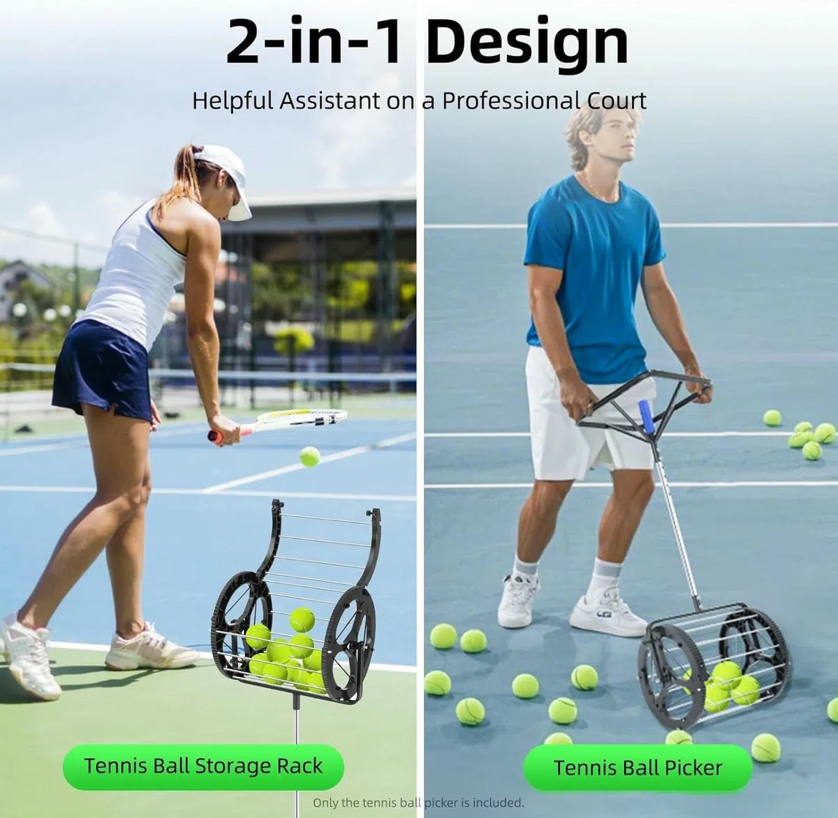 Raccoglitore automatico di palline da tennis – Capacità 80 palline, cestino da tennis 2 in 1 con altezza regolabile, raccogli palline portatile per palestra, campo o scuola