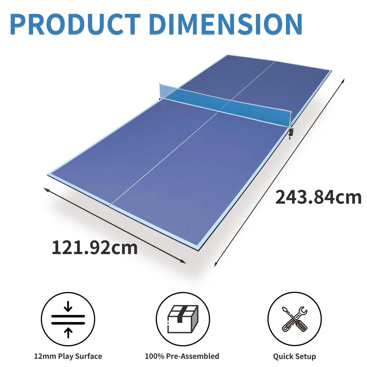 Tavolo da ping pong pieghevole per esterni e interni, resistente alle intemperie, in MDF da 12 mm, per casa, blu, 244 x 122 cm