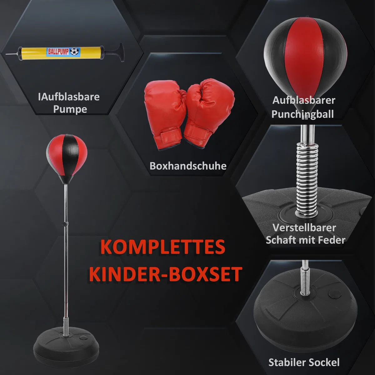 HOMCOM Set Punching Ball da Terra per Adolescenti con Guantoni e Pompa, Pungiball Boxe con Altezza Regolabile su 4 Livelli da 125-145 cm, Nero e Rosso