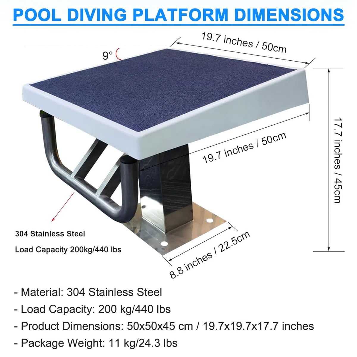 Generico Piattaforma per Tuffi Robusta per Piscine, Portata 200 kg, Trampolino in Acciaio Inox Antiscivolo, Superficie Antiscivolo 50x50 cm per Tuffi sicuri