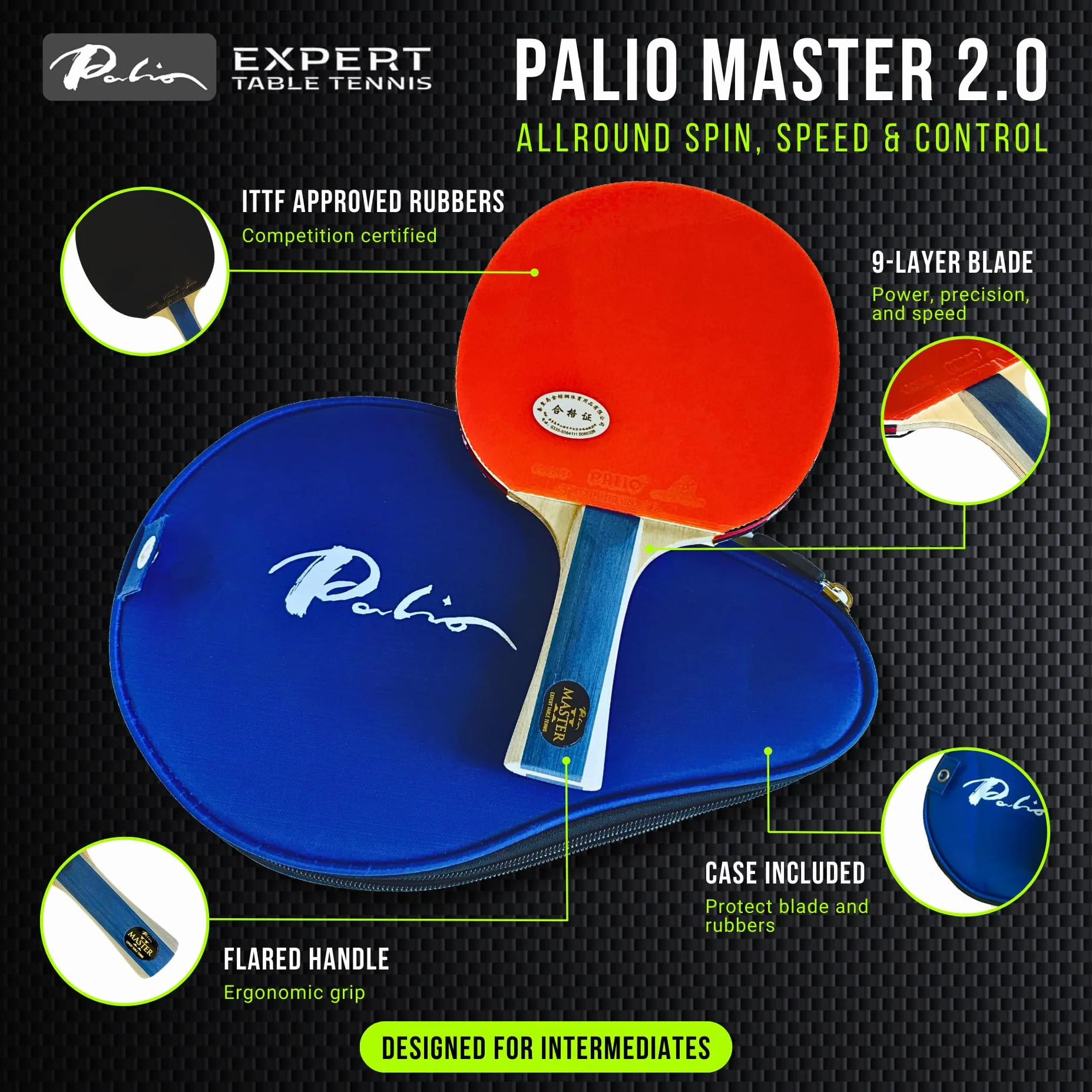 Palio Master 2.0 - Racchetta da ping pong intermedia con custodia, approvata ITTF, rotazione completa, velocità e controllo