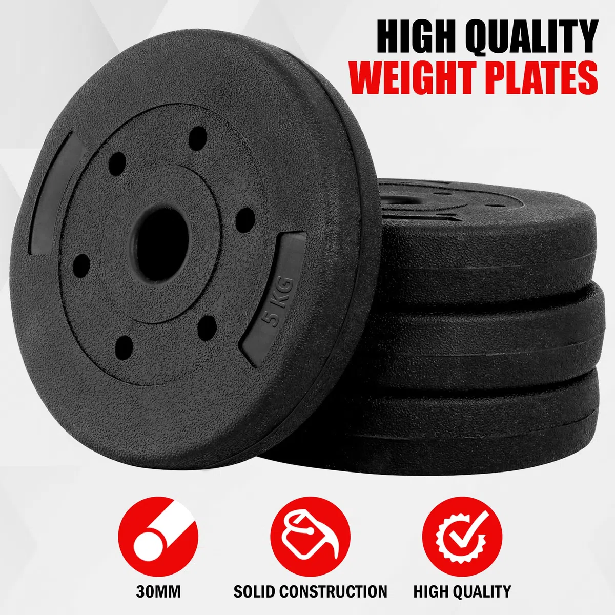 wuuhoo® Piastre per Pesi in Cemento Mike 30mm, Set 20kg - 30kg, rivestite in Nero, 1,25, 2,5, 5, 10 kg, Piastre per Pesi per bilancieri in plastica, Fitness a casa - Set 3-30kg