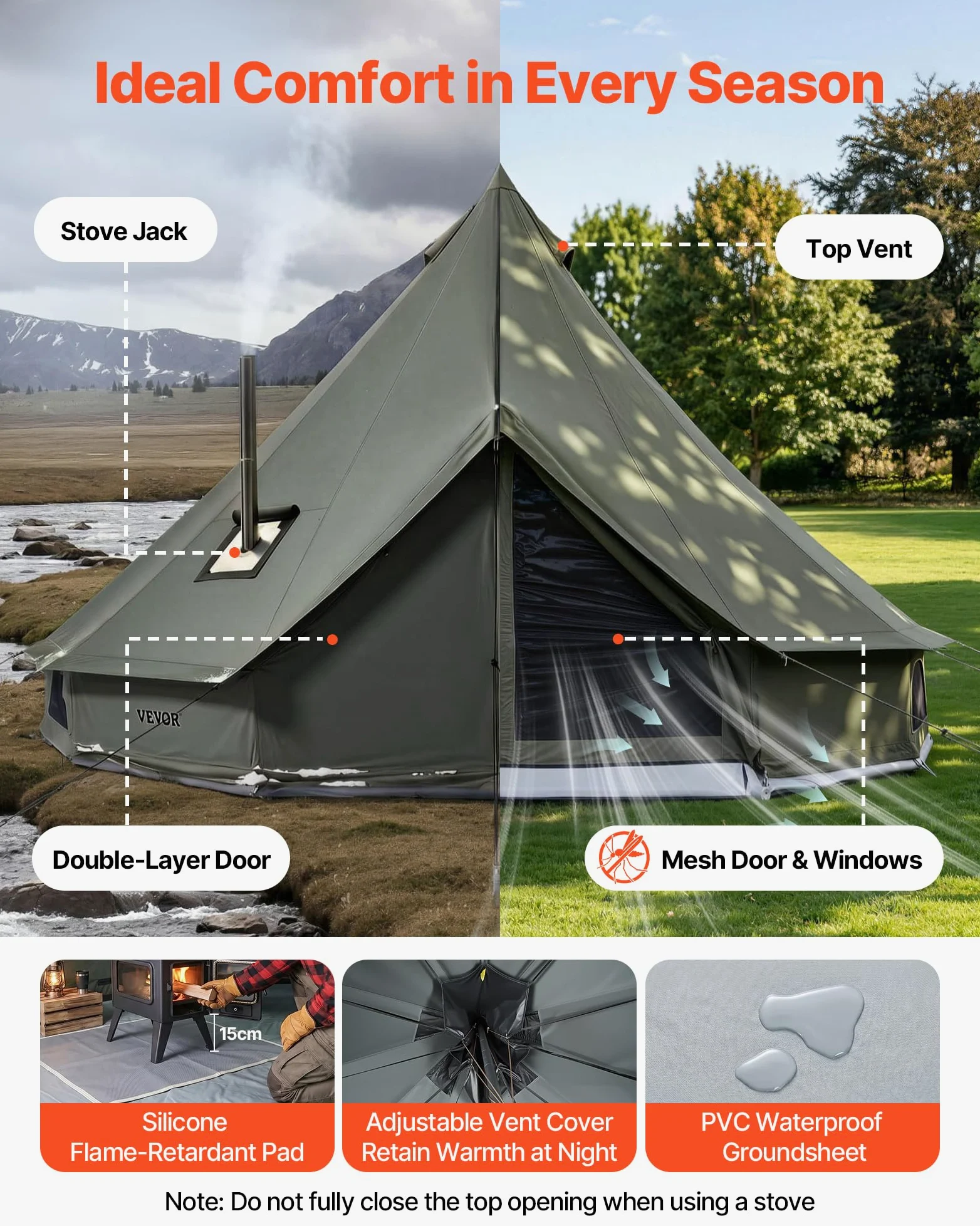 VEVOR Tenda a Campana in Tela per 4 Stagioni, Tenda Yurta 3 m per Campeggio con Presa per Stufa, Tela Traspirante, Max 3 Persone, con Pavimento Staccabile e Cerniera, per Campeggio Famiglia Glamping