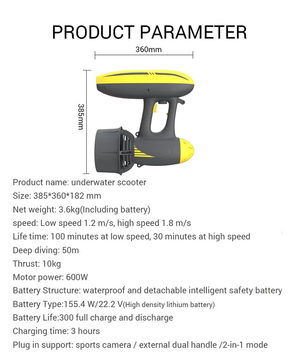 Monopattino subacqueo con 3 supporti per fotocamera, propulsore per immersioni subacquee, snorkeling, avventure in piscina, attrezzatura per sport acquatici per avventure in mare