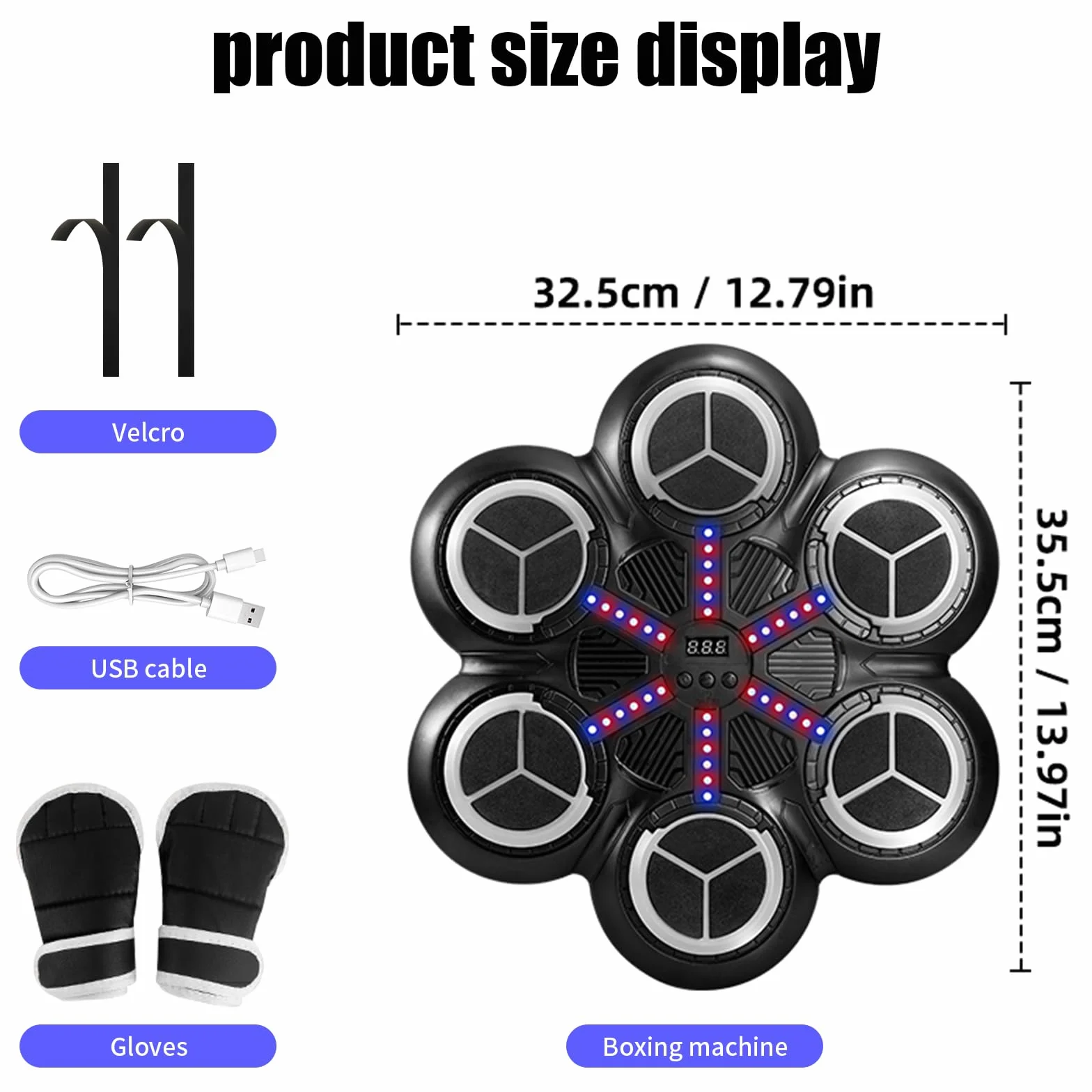 Macchina da Boxe Musicale, LED Music Boxing Machine a Parete con Guanti, Luci Colorate, Supporta Bluetooth, 3 Velocità Modalità di Allenamento, Modalità di Conteggio, per Adulti e Bambini
