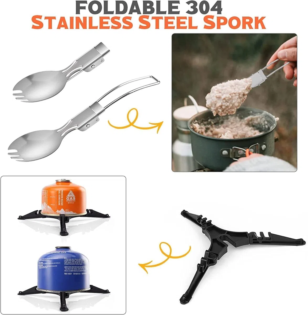Pentole da Campeggio,9 Pezzi Set di Gavetta Campeggio,Kit Pentole Cucina per Campeggio con Fornello da Campeggio,Tazza,Posate Pieghevoli,Moschettone,Ideale per Picnic Escursioni Pesca Barbecue