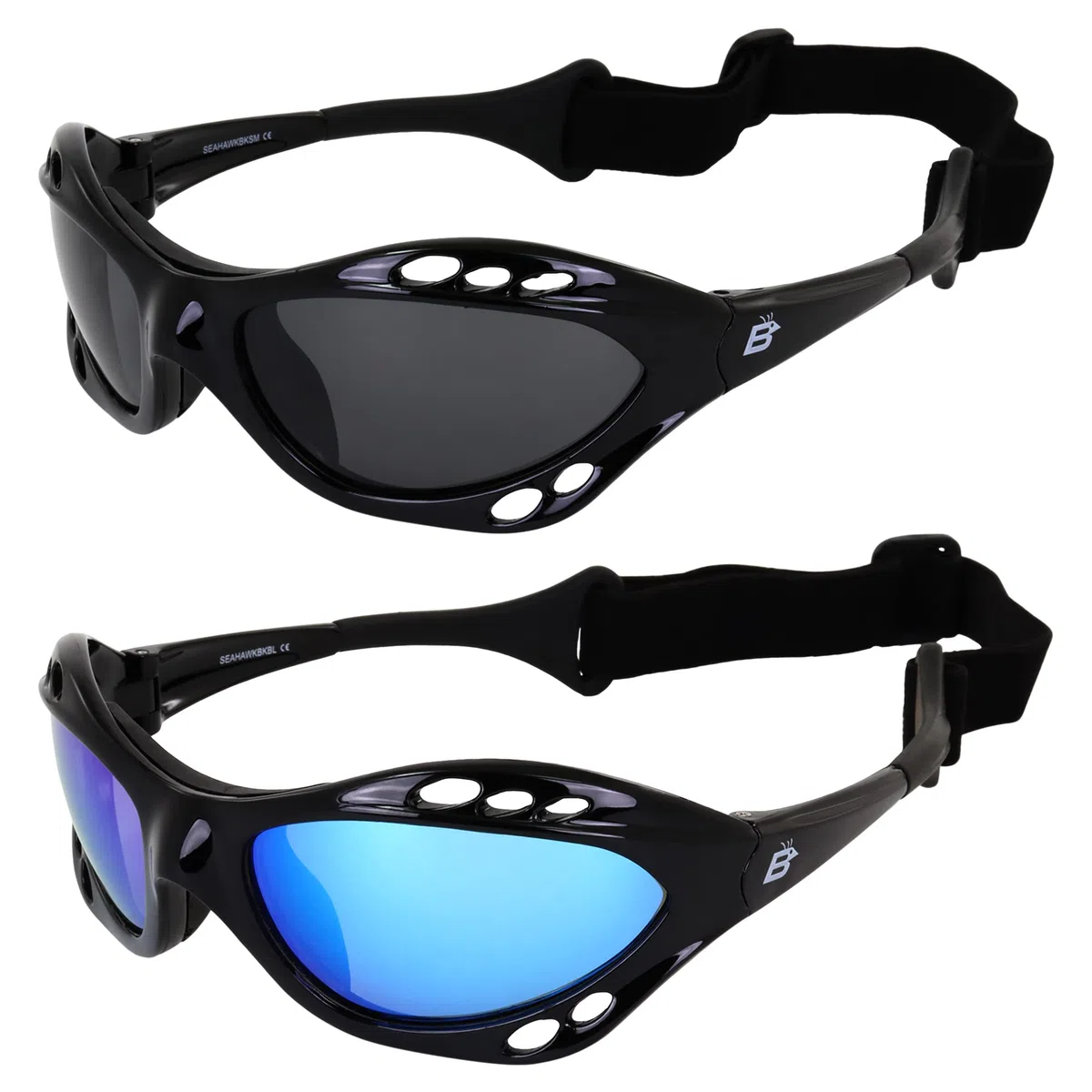 Birdz 2 coppia seahawk occhiali da sole polarizzati floating jet occhiali da sci sport kite-boarding, surf, kayak, 1 nero con blue lenti e 1 nero con lenti fumo