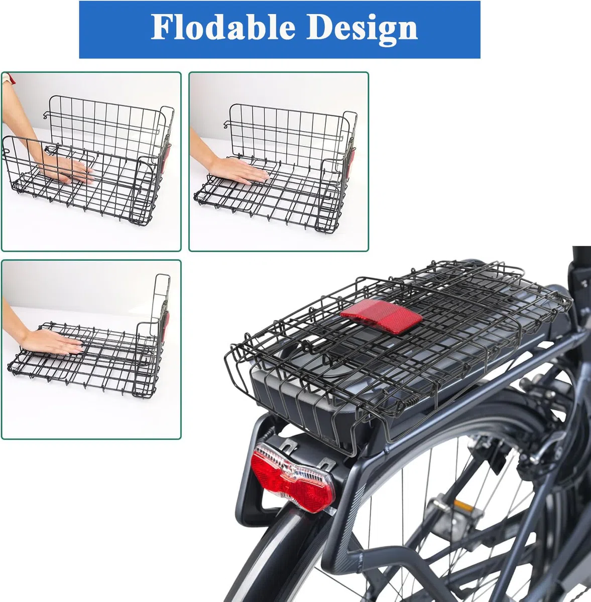 Cestino per bicicletta posteriore, Portapacchi posteriore per bicicletta pieghevole con Borsa impermeabile rimovibile, rete di carico, copertura impermeabile e striscia riflettente