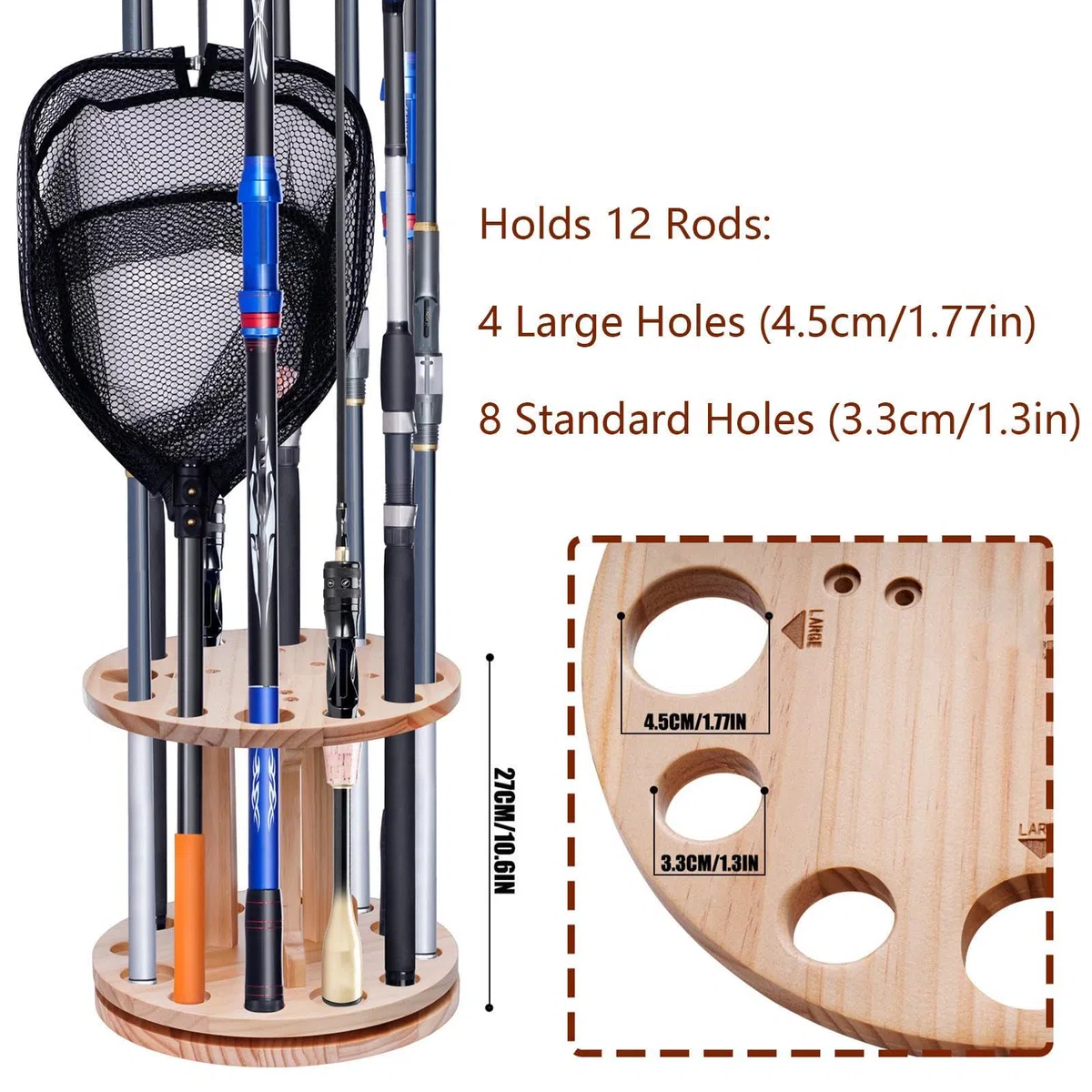 Supporto per canne da pesca Portacanne in legno con rotazione a 360° | Organizer per attrezzatura da pesca per uomo, cantina, capanno, barca, camion, kayak, molo, spiaggia, viaggio,