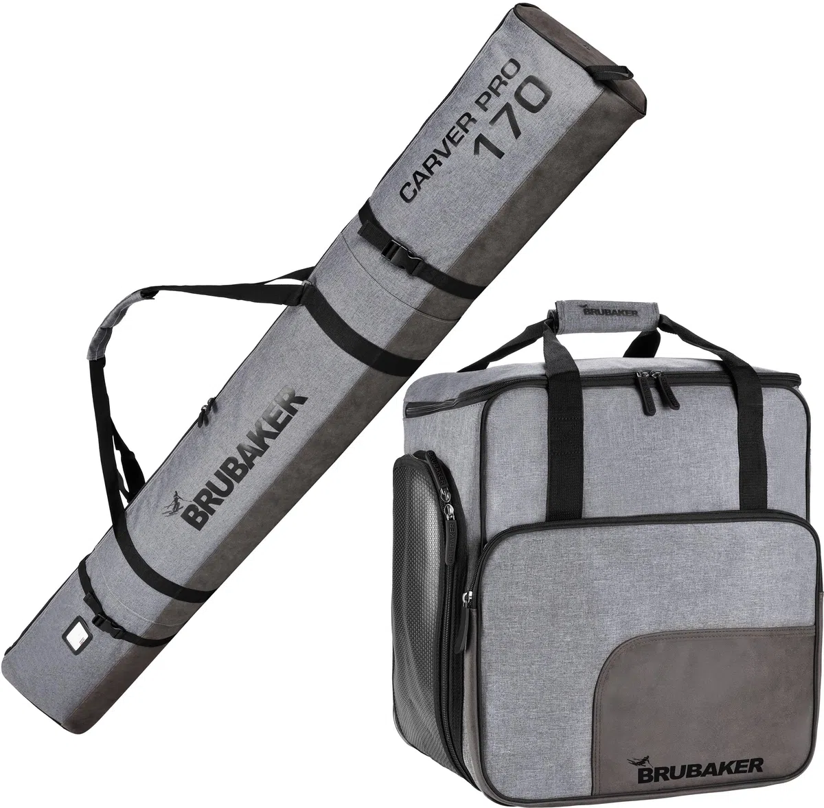 Brubaker Combi Set Carver Performance - Borsa da Sci e Borsa per Scarponi da Sci per 1 Paio di Sci + Bastoncini + Scarponi + Casco - Grigio Nero