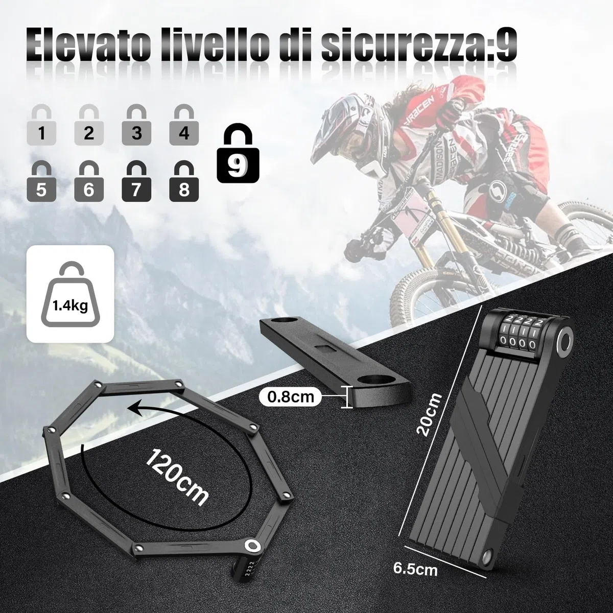 IMAYCC Lucchetto Combinazione Bici Pieghevole, 120CM Lucchetto Bicicletta, Portabilità Lucchetto Pieghevole, Protezione Antifurto Extra Alta per E-bike, Bici da Strada, Moto, MTB in Nero, Ecc.