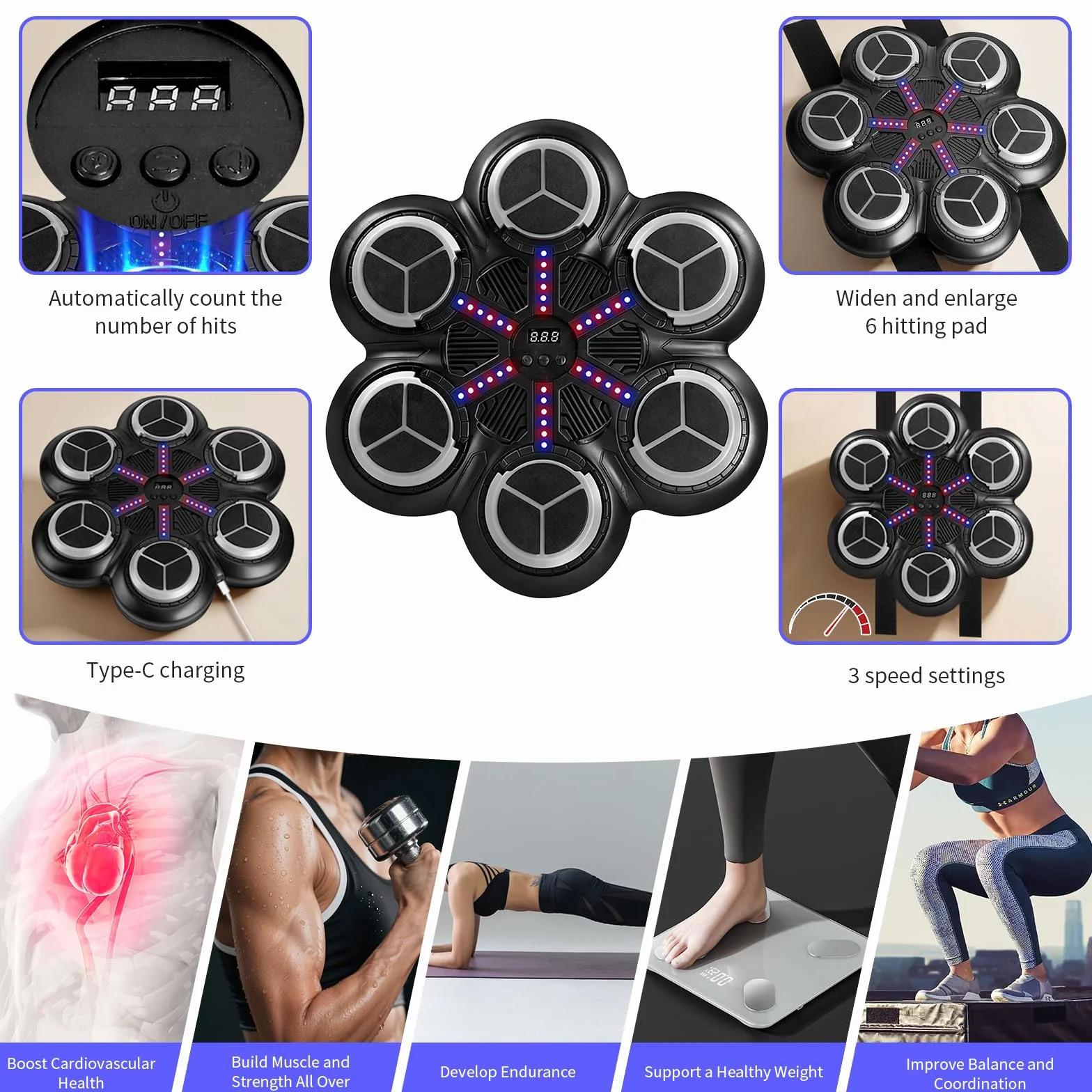 Macchina da Boxe Musicale, LED Music Boxing Machine a Parete con Guanti, Luci Colorate, Supporta Bluetooth, 3 Velocità Modalità di Allenamento, Modalità di Conteggio, per Adulti e Bambini