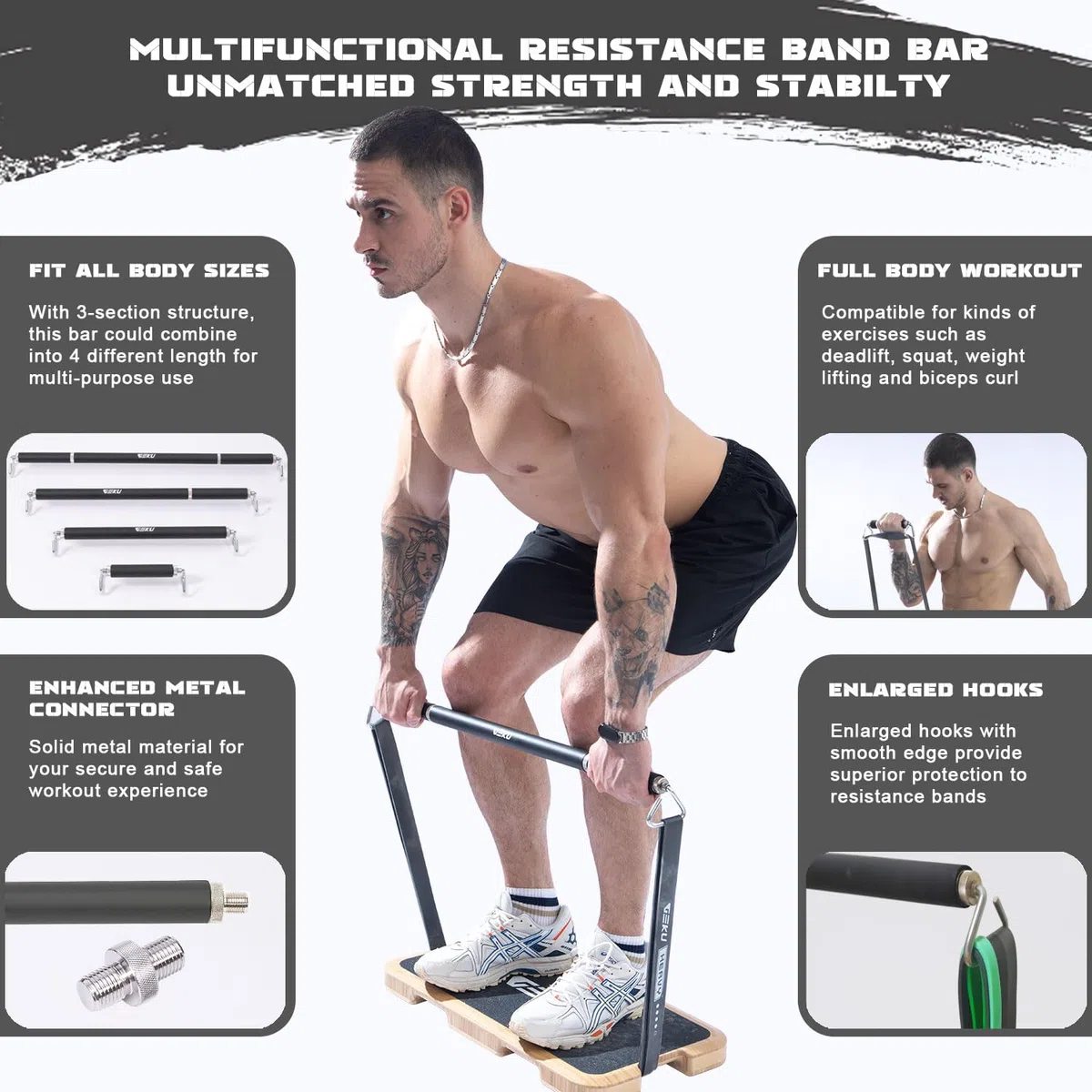 Barra per fascia di resistenza, barra per allenamento con fascia di resistenza, lunghezza regolabile, staccabile, resistente, per allenamento muscolare, allenamento a casa e all'aperto, carico massimo