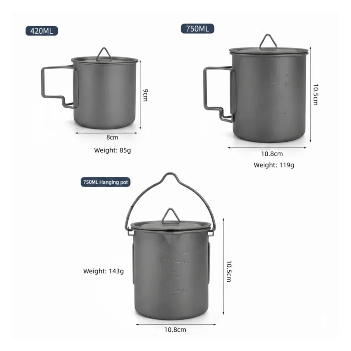 Generico Set di pentole da Campeggio con Tazza Pieghevole (420 ml/750 ml) e pentola 750 ml, Kit Portatile Esterno, Compatibile Zaino Escursionismo
