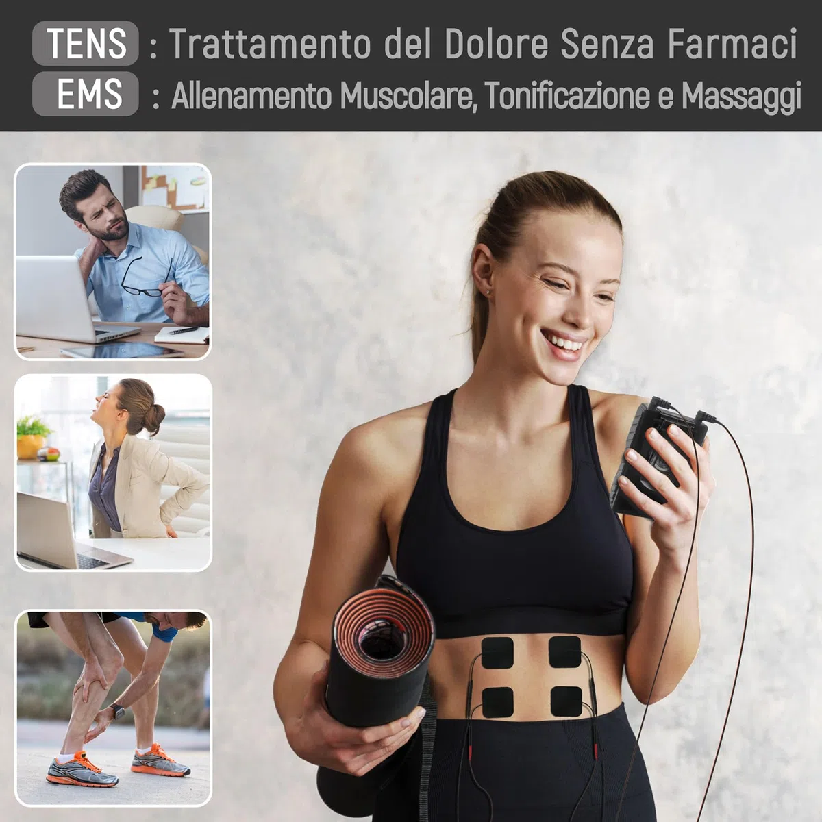 iSTIM EV-804 TENS/EMS Unità combinata a 2 canali - Stimolatore muscolare per sollievo dal mal di schiena, gestione del dolore e rafforzamento muscolare - 7 modalità, 24 programmi (8 elettrodi inclusi)