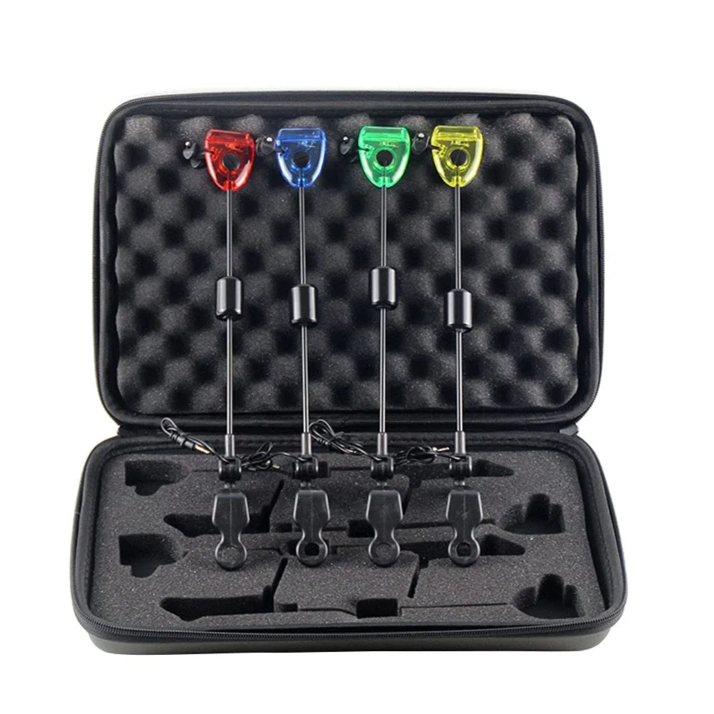 4pcs Allarme da Pesca Allarme Swinger LED Indicatore Illuminato Carpa Swingers Swingers Glassing Bobine 4 Colori Carpa Accessorio Strumenti di Pesca in Custodia zippata