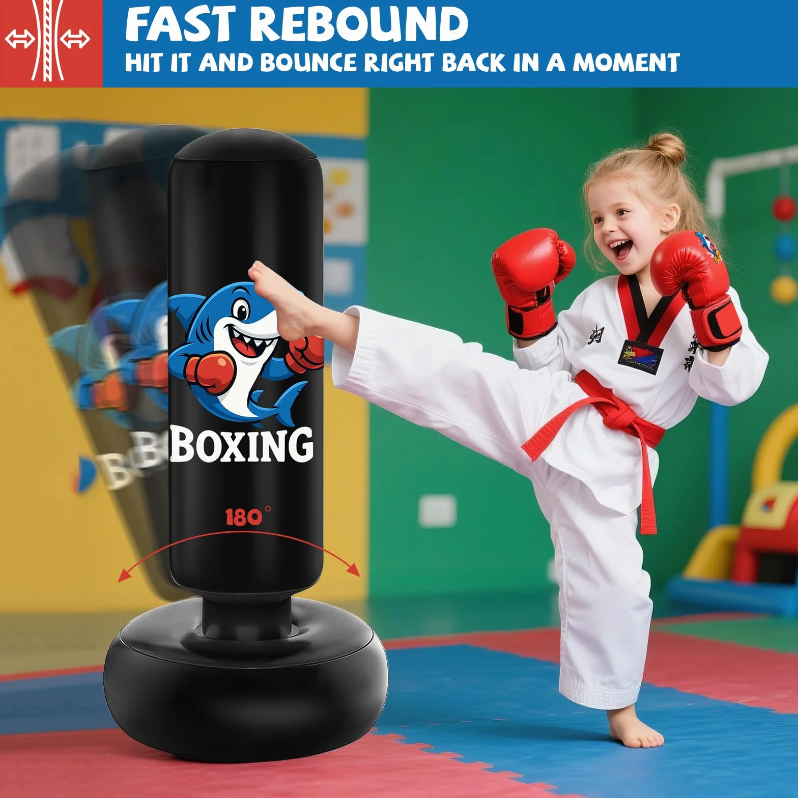 Qoosea Sacco da Boxe per Bambini 3-8 Anni, 130cm Stabile Sacco da Boxe Gonfiabile con Guanti da Boxe, Pratica di Taekwondo Karate Attrezzatura da Allenamento MMA, Regalo per Ragazzi Ragazze