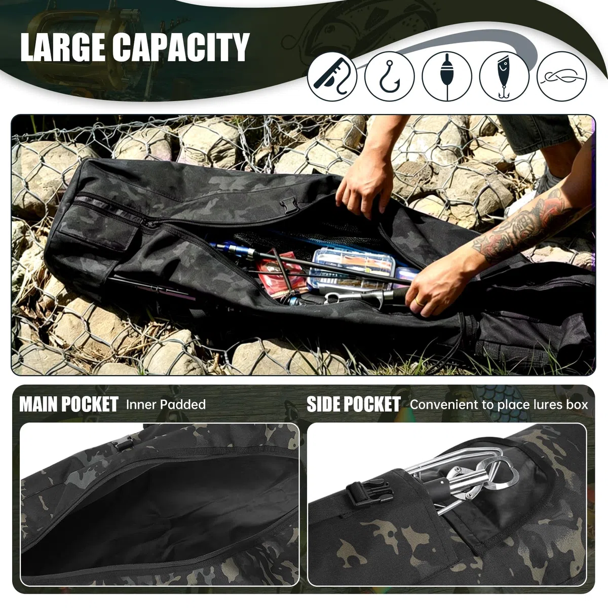 Borsa organizer per canna da pesca, per attrezzi e attrezzature da pesca, regalo per uomini, padri, figlie e amici, Caomo nero, all'aperto