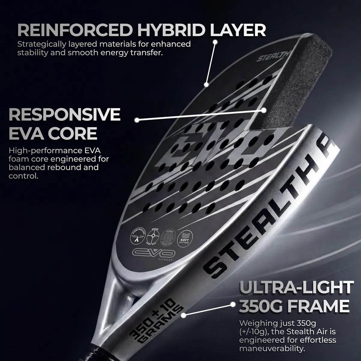 EVO Fitness Racchetta da padel – Nucleo in schiuma EVA morbida per il massimo controllo – 350 g – Racchetta da paddle leggera per adulti – Extra Large 525 cm² superficie della testa racchetta da
