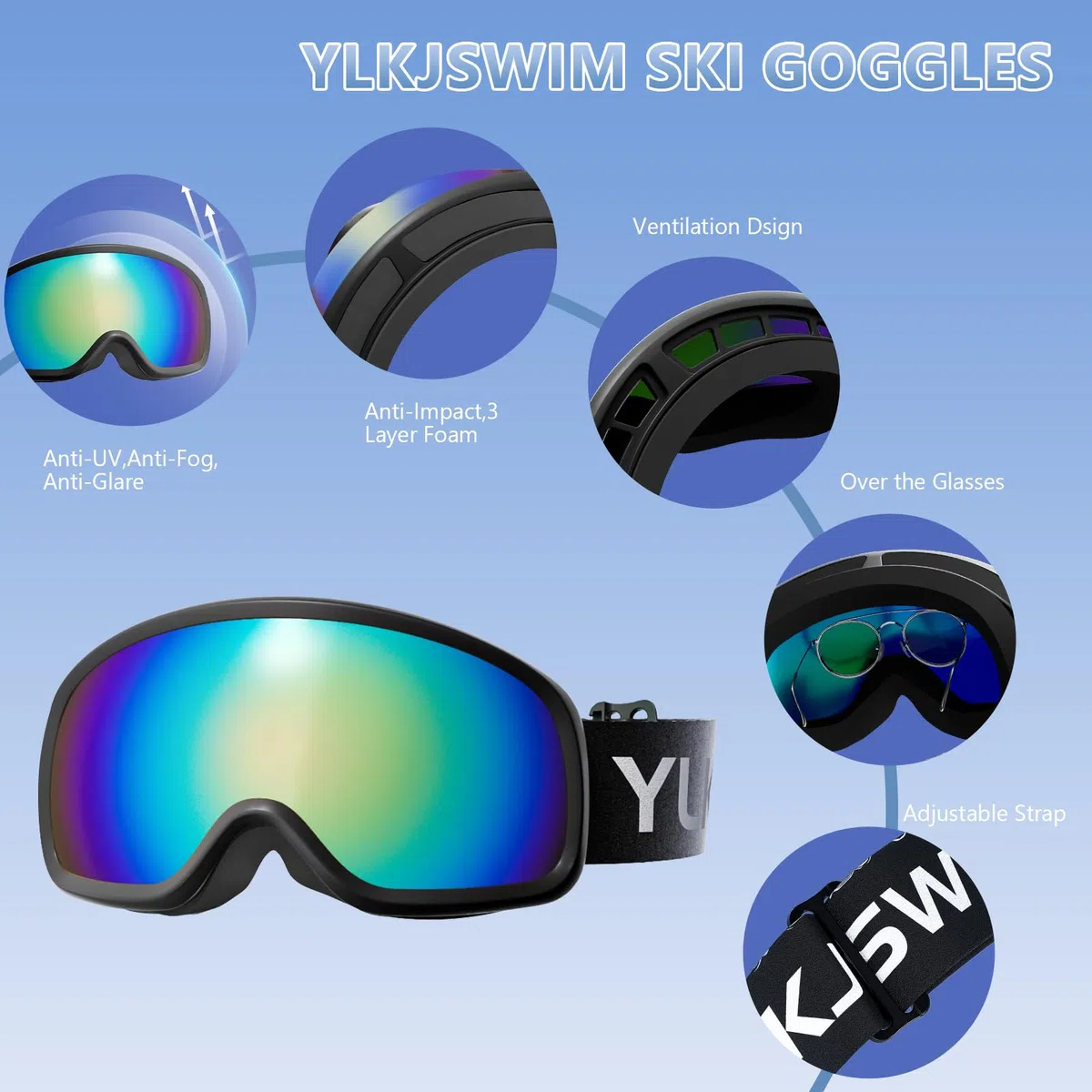 Occhiali da sci per uomo e donna, lenti a doppio strato, anti-appannamento e antigraffio, 100% protezione UV, occhiali da snowboard per adulti e ragazzi, motoslitta, paracadutismo, slitta per