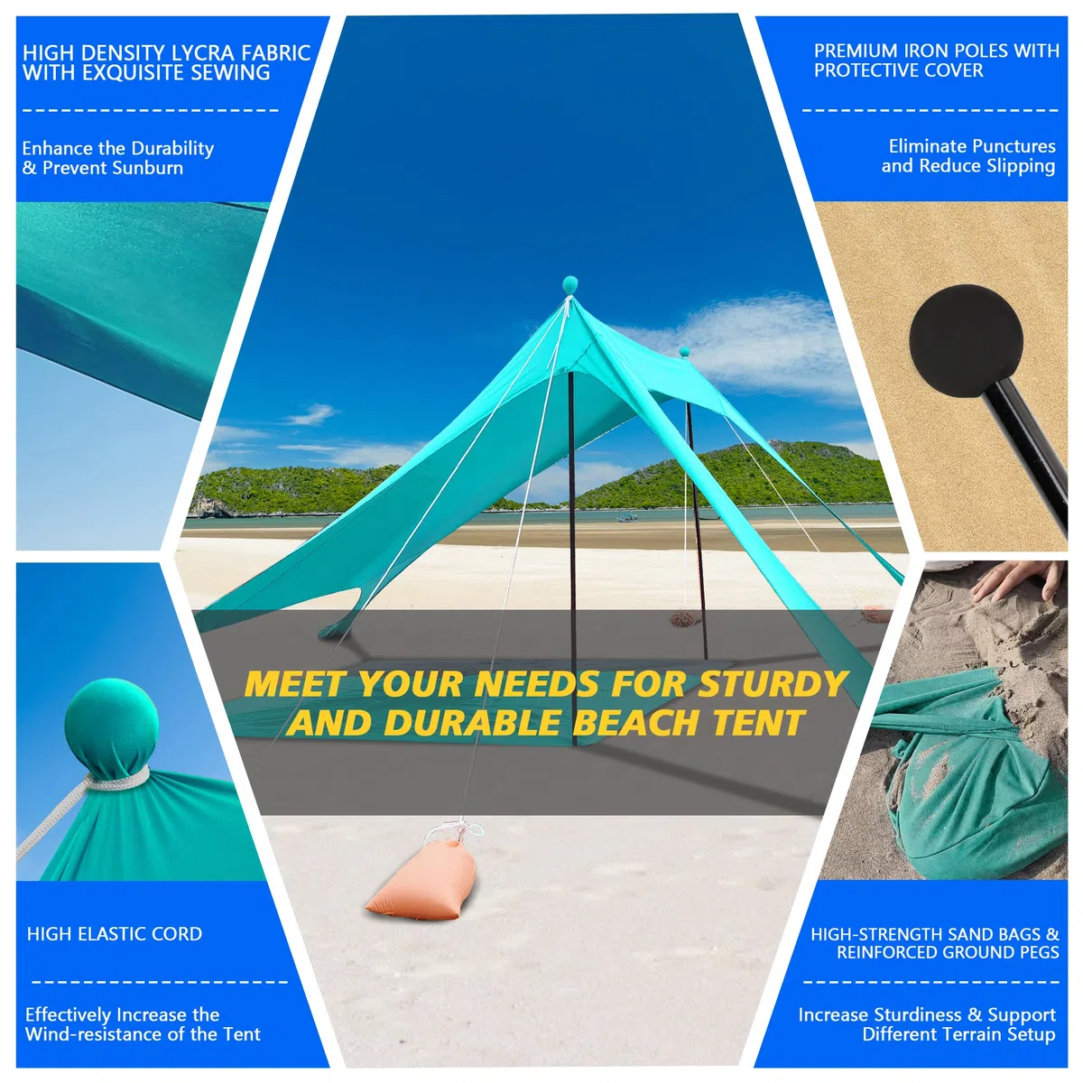 Tenda da spiaggia, parasole portatile, con protezione UV UPF 50+, ancoraggio a sabbia e aste in alluminio per spiaggia, cortili, campeggio, pesca e picnic, 2 x 2 x 2 m, verde blu