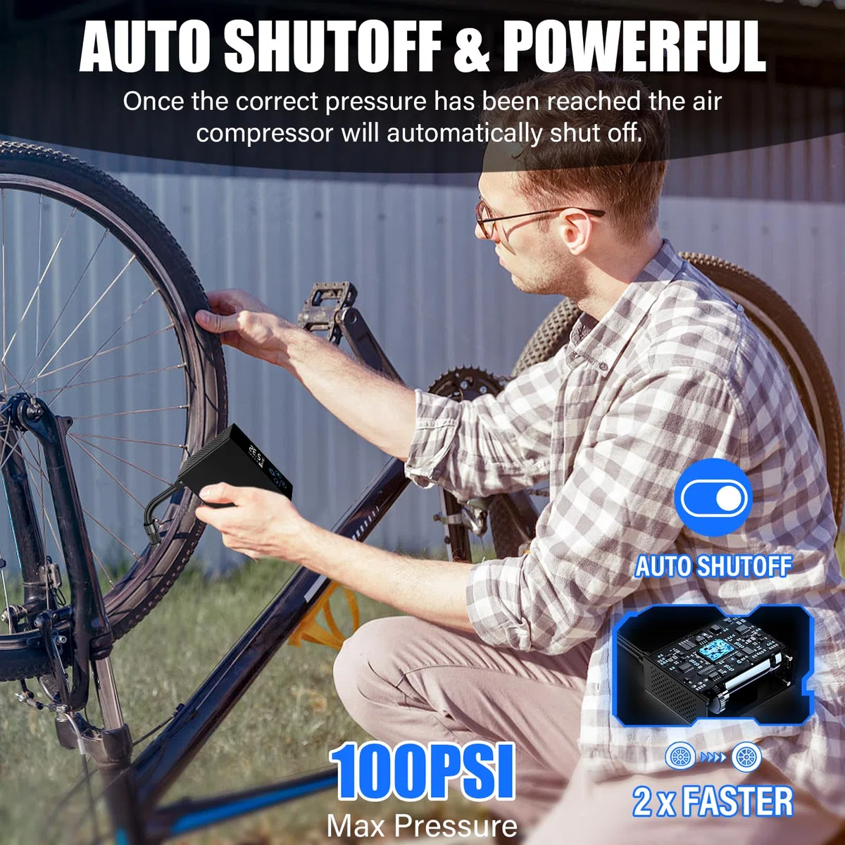 Pompa per Bicicletta Elettrica, Mini Manometro Digitale LCD per Pompa da Bici 4400 mAh, Pompa ad Aria per Bicicletta 100 PSI con Valvola Presta e Schrader per MTB, Bici da Città e Bici da Strada