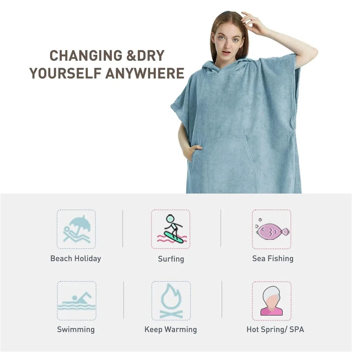 Poncho asciugamano da surf, ad asciugatura rapida, con cappuccio, accappatoio spiaggia in microfibra, poncho for cambiarsi, costume bagno for adulti Poncho da Spiaggia(Light Grey)