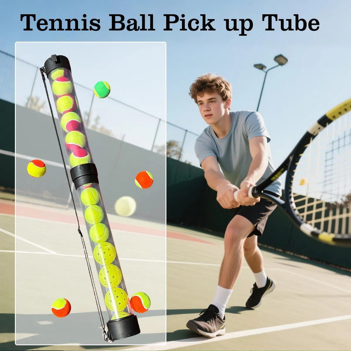 Raccoglitore Palline da Tennis Tubo Per Afferrare Palline Da Tennis | Raccoglitore per Palline da Pickleball ad Alta Capacità con Cinturino a Spalla per Operatori di Campus Team e Driving Range
