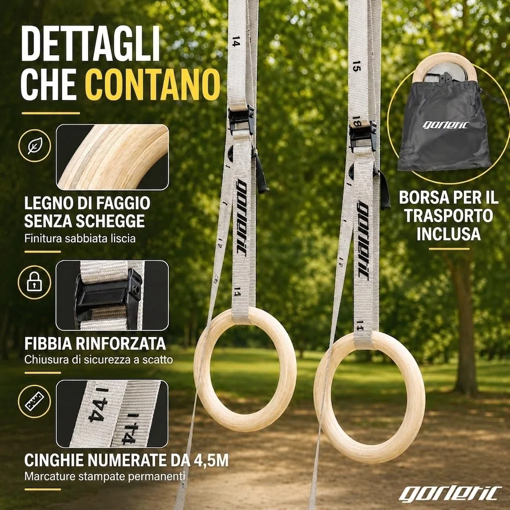 Gorletic - Anelli da ginnastica, anelli di legno da 28 e 32 mm di spessore, 4,5 m di cinghia rinforzata e marcata - qualità professionale (28mm)