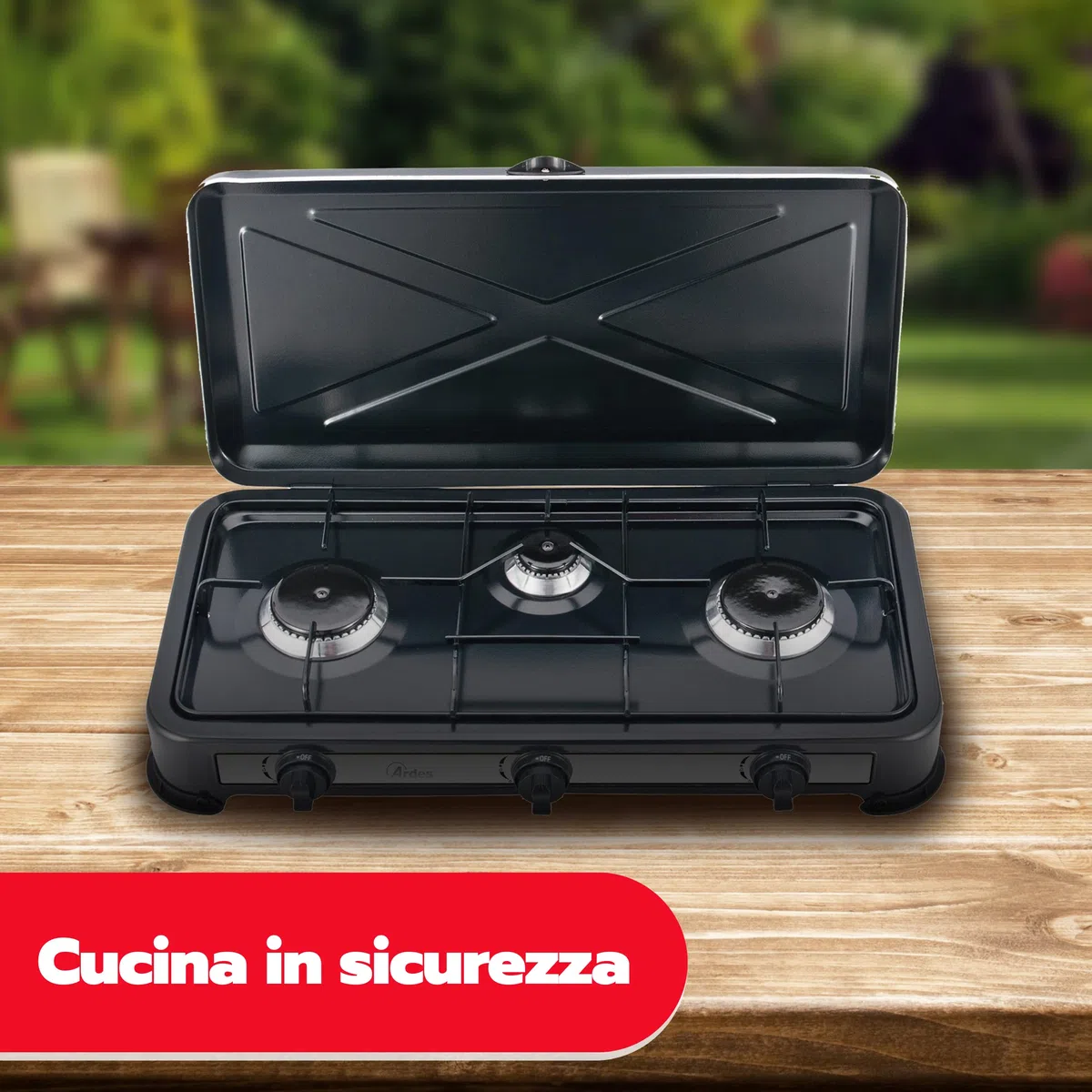 ARDES AR1FG03 Cucina a Gas Butano Portatile – 3 Fuochi – Potenza Totale 2,9 kW – Griglia Removibile – Coperchio di Trasporto – Fornello Camping Gas GPL per Esterno