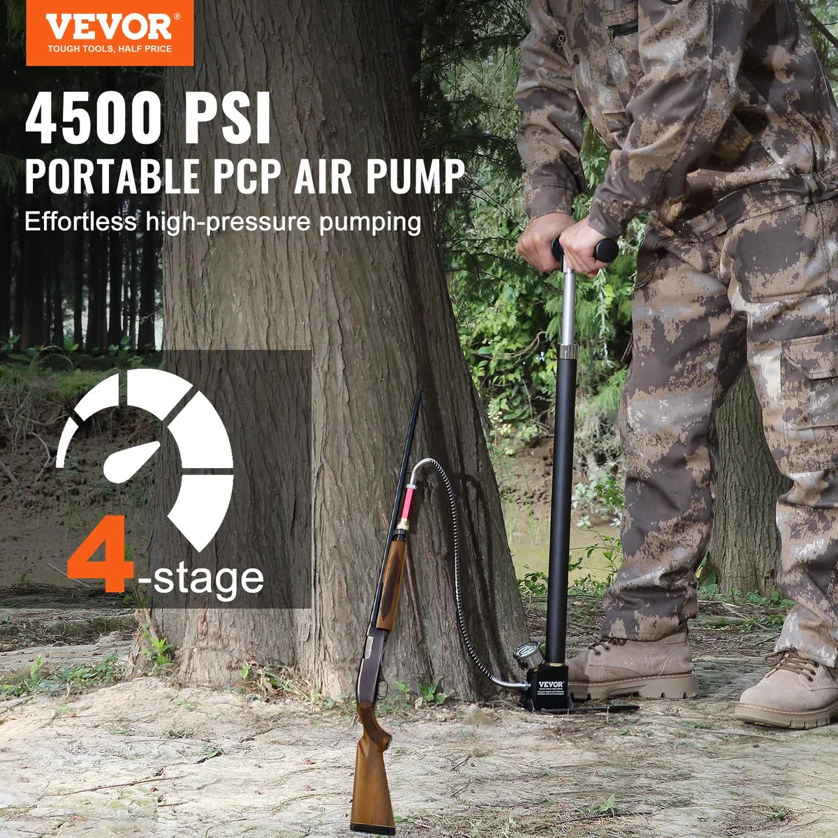 VEVOR Pompa Manuale PCP 4 Stadi Pompa per Fucile ad Aria Compressa 4500PSI Alta Pressione 30MPa Manometro Filtro Olio-Umidità, Acciaio Inox per Pistole ad Aria Compressa, Bombola Subacquea, Paintball