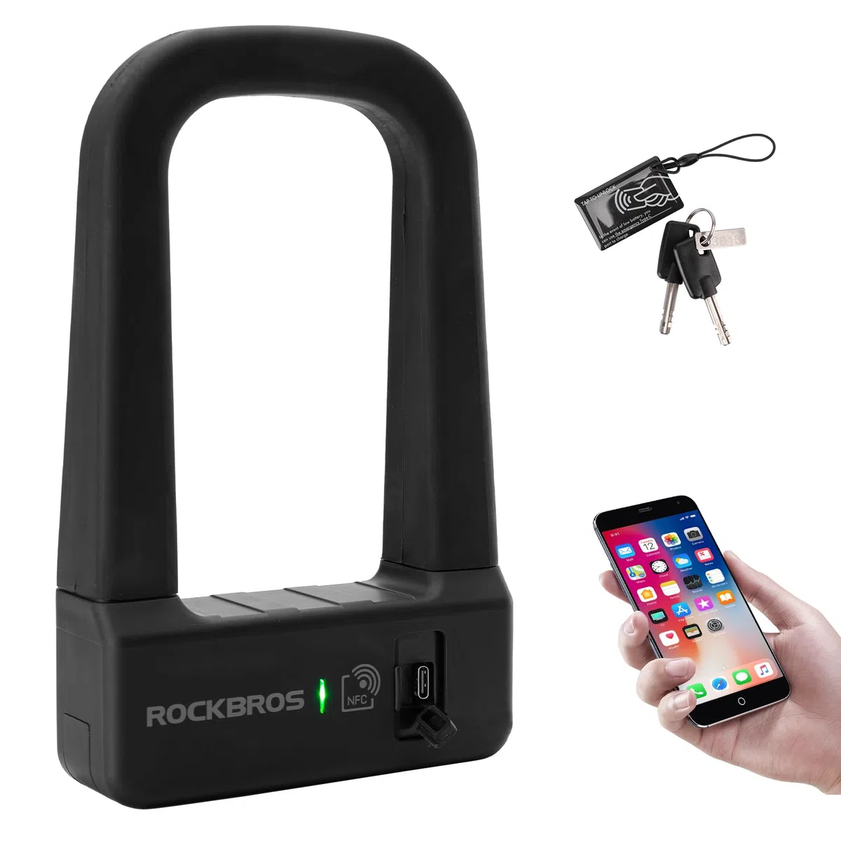 ROCKBROS Lucchetto a U per Bicicletta con NFC, Lucchetto di Sicurezza per Bici Ricaricabile e Antifurto, U-lock per MTB, Bici Pieghevole, Scooter, Monopattini Elettrico
