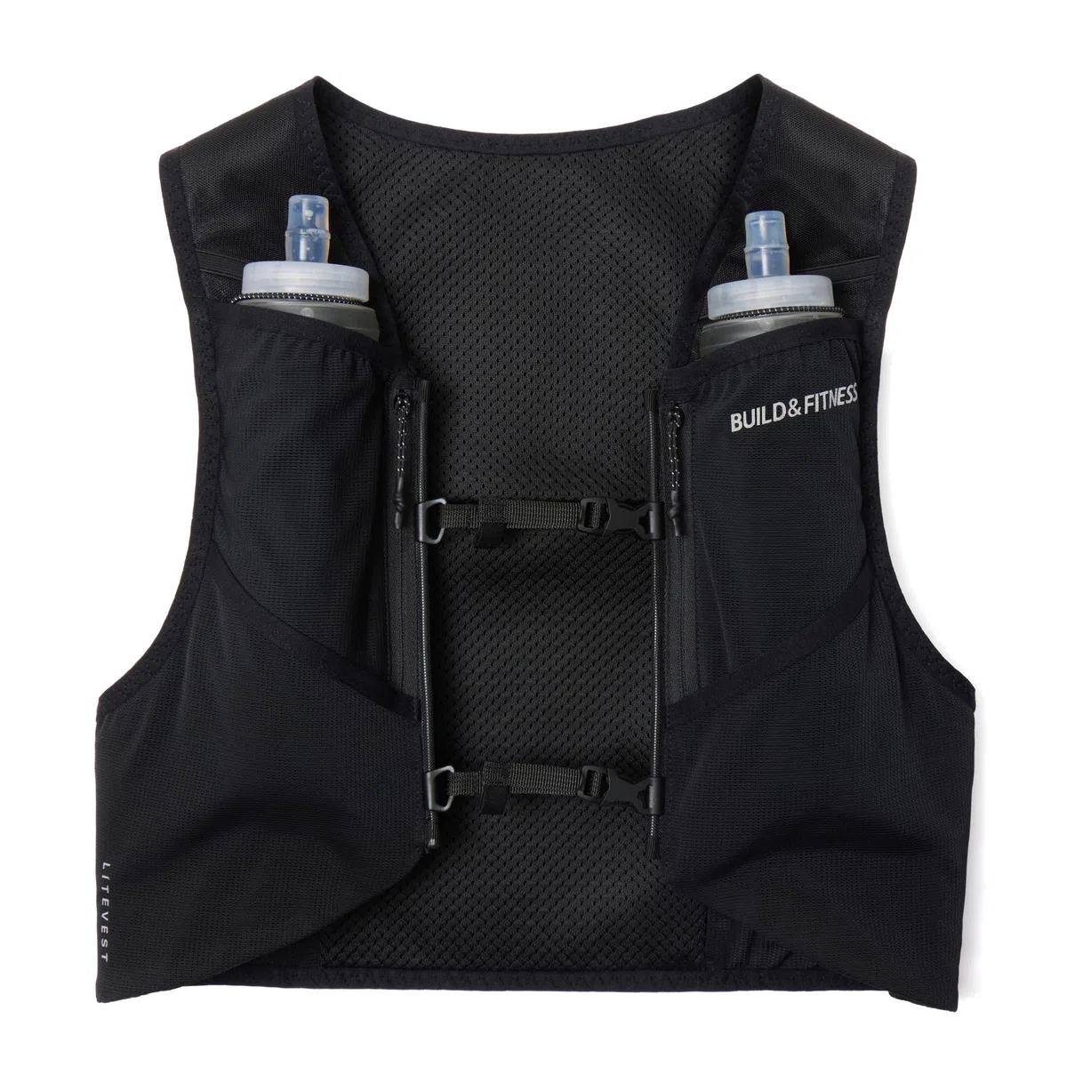 Gilet di idratazione LITEVEST Build & Fitness con 2 borracce morbide da 500 ml – 7 tasche, traspirante, comodo, sicuro ed elegante per trail running, maratone e corse quotidiane