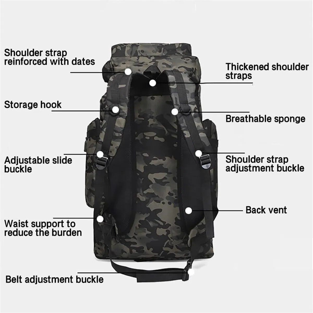 Zaino da Viaggio Sportivo Zaino da Trekking 70L Borsa A Tracolla per Arrampicata Campeggio Allenamento All'aperto Sport per Alpinismo Arrampicata(Black)