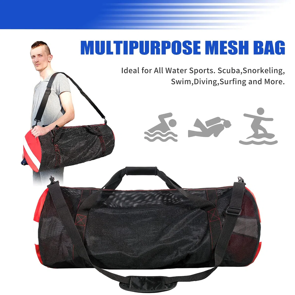 Borsone in rete, grande borsa da immersione in rete con tracolla e mano, borse sportive per immersioni subacquee e attrezzature per snorkeling, nuoto bagnato, viaggi e allenamento in palestra