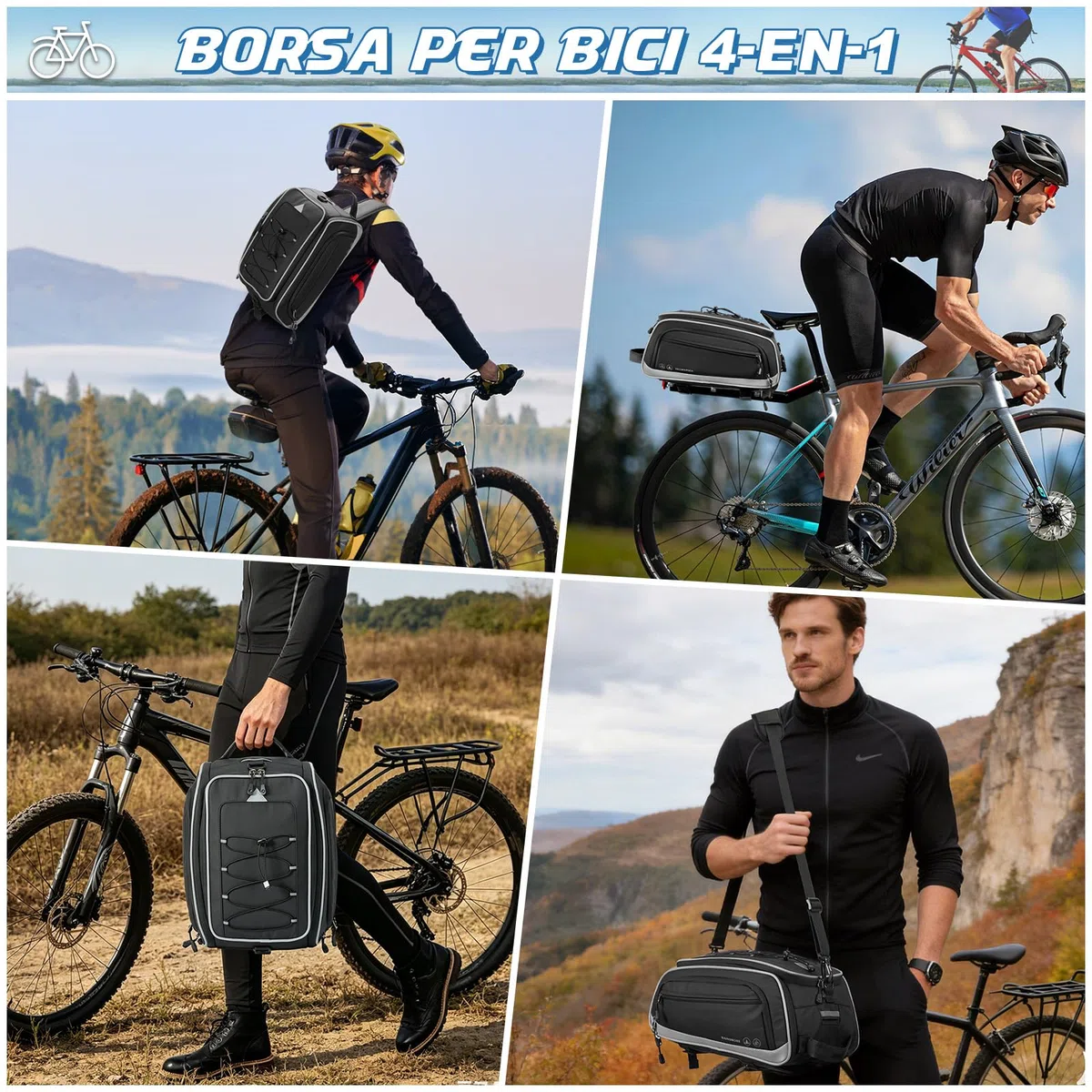 RAINSMORE Borsa Bici Posteriore 15L-23L Espandibile, Borsa Portapacchi Bici Impermeabile e Riflettente con Copertura Antipioggia e Tracolla, Bici per MTB, E-Bike e City Bike Nero