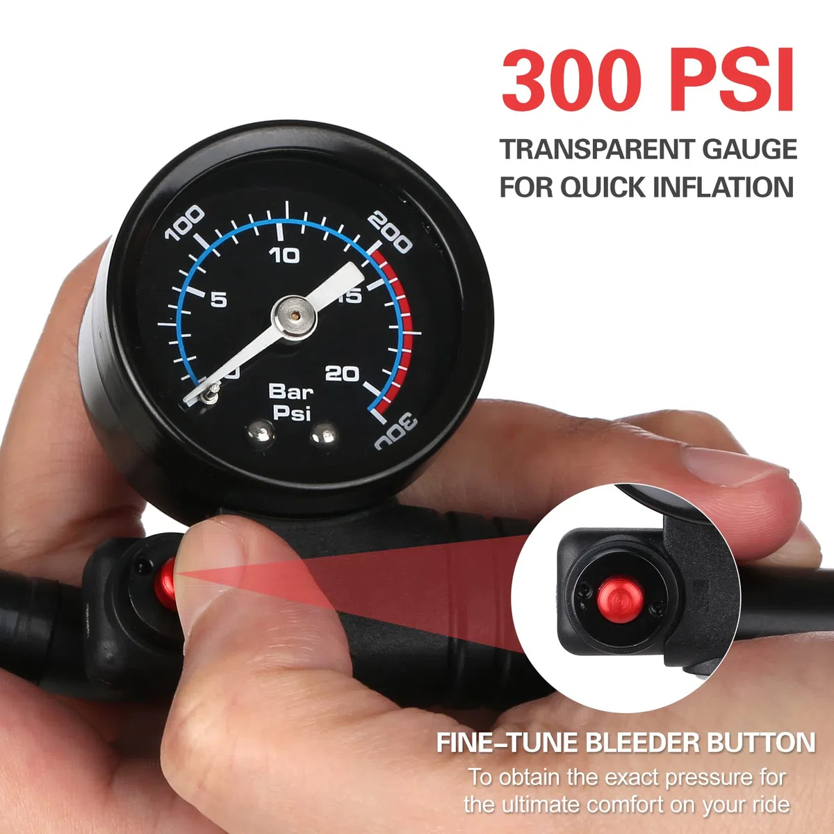 Pompa per ammortizzatori ad alta pressione 300 PSI Pompa ad aria Presta Schrader Valve Pompa per bici da strada con manometro per forcella anteriore e sospensioni posteriori per bicicletta Ammortizz