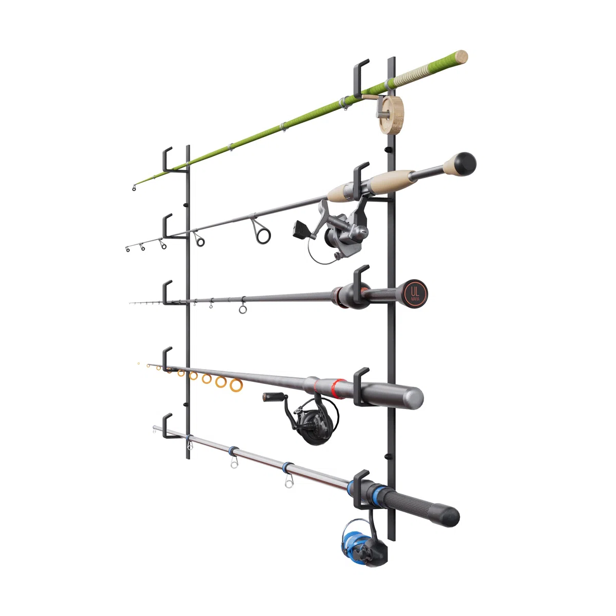 QLS Supporto per canne da pesca, da parete, da soffitto, fino a 5 canne da pesca, in acciaio verniciato a polvere, colore nero
