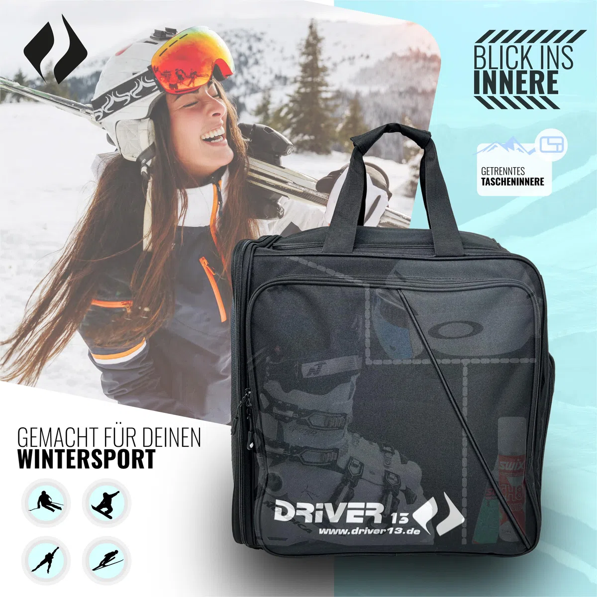 Driver13 Zaino da sci con scomparto per casco, ideale per i tuoi scarponi da sci con scomparto per casco duro + snowboard + pattini in linea + borsa da barca, dal 2007 l'originale con oltre 40.000
